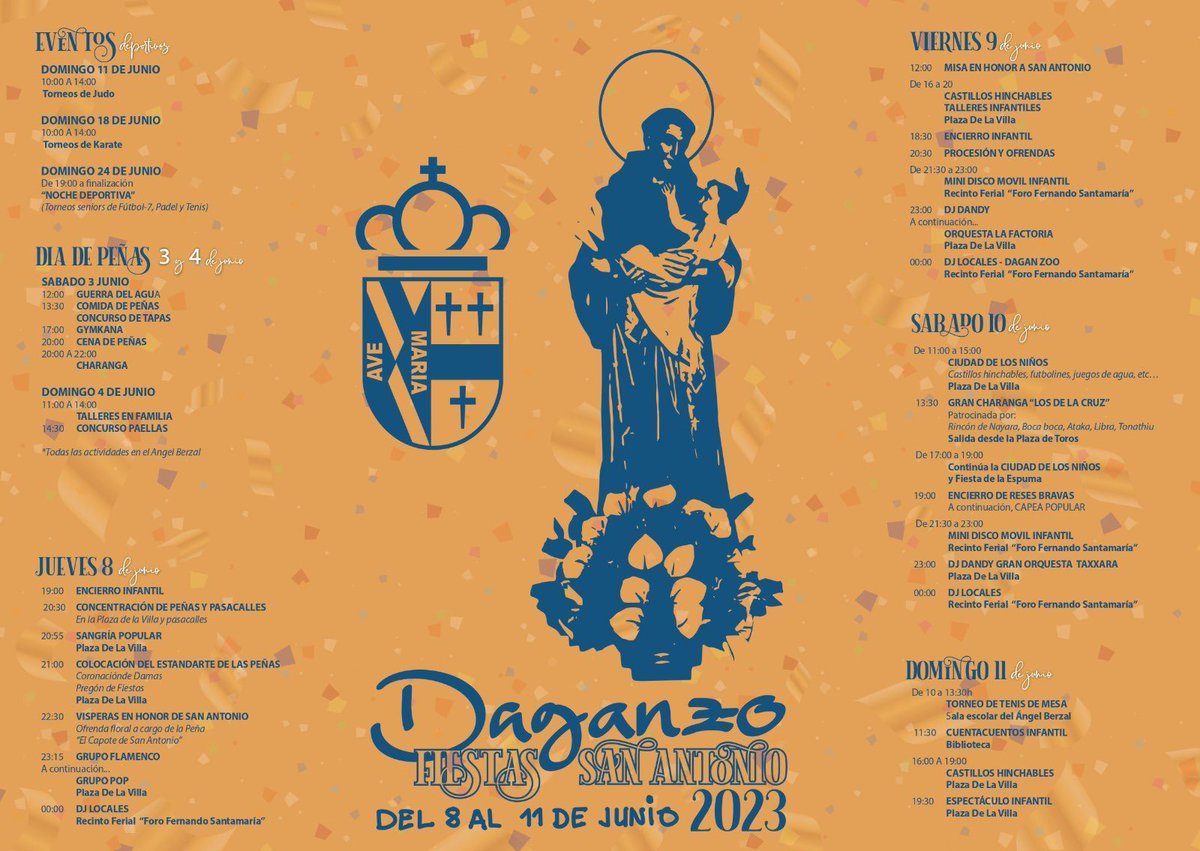 🎊FIESTAS SAN ANTONIO 2023🎊

Hoy comienzan nuestras fiestas.

👇🏼En el siguiente enlace podrás acceder al programa completo:

ayto-daganzo.org/eventos/fiesta…

¡Viva San Antonio!
¡Viva Daganzo!

#daganzo #daganzodearriba #fiestas #fiestas2023  #sanantonio #dgz #festejos #daganzoenfiestas