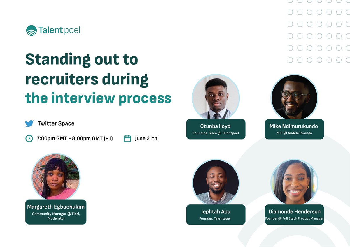 🔥 Gain expert insights and practical tips on crafting a standout resume, acing interviews, and showcasing your unique value! 

🎙️ Hosted by <a href="/maegy_george/">Maegy | Event Experience Designer✨💫</a> featuring renowned guest speakers from <a href="/AndelaRwanda/">Andela Rwanda</a>, <a href="/indeed/">Indeed</a> &amp; <a href="/talentpoel/">Talentpoel</a>. 

Set a reminder here ⤵️ x.com/i/spaces/1rmGP…