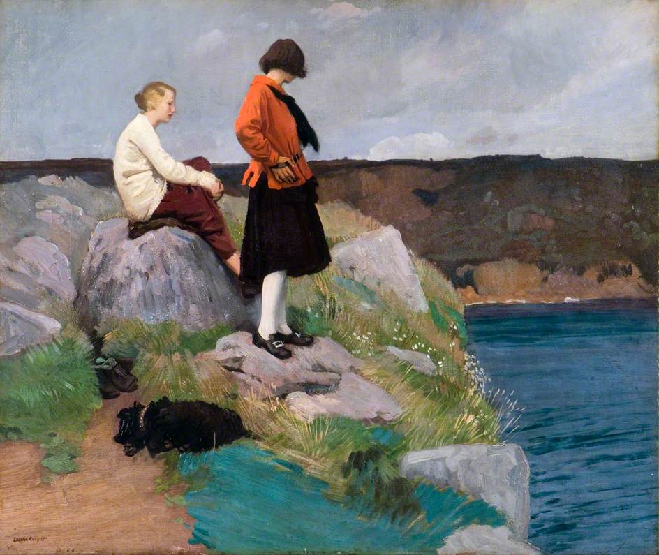 This weeks #OnlineArtExchange theme is #MWOceans we have picked The Cornish Coast aka Two Girls and a Dog, 1917 by Dame Laura Knight. Knight's favourite painting location was on the rugged cliff top between the coves of Lamorna, Carn Barges and Porthcurno.