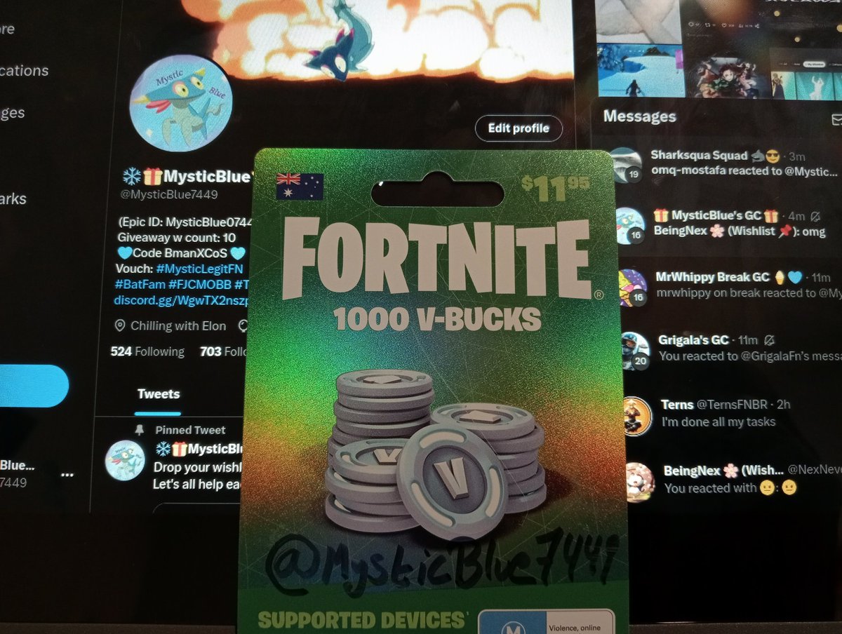1,000 vbucks giveaway
❤️+♻️
Follow @MysticBlue7449 , @kosmxk and @itsmer1ftyz3 with🔔
Ends in 48 hours
(Optional) Reply with what you'd use it on