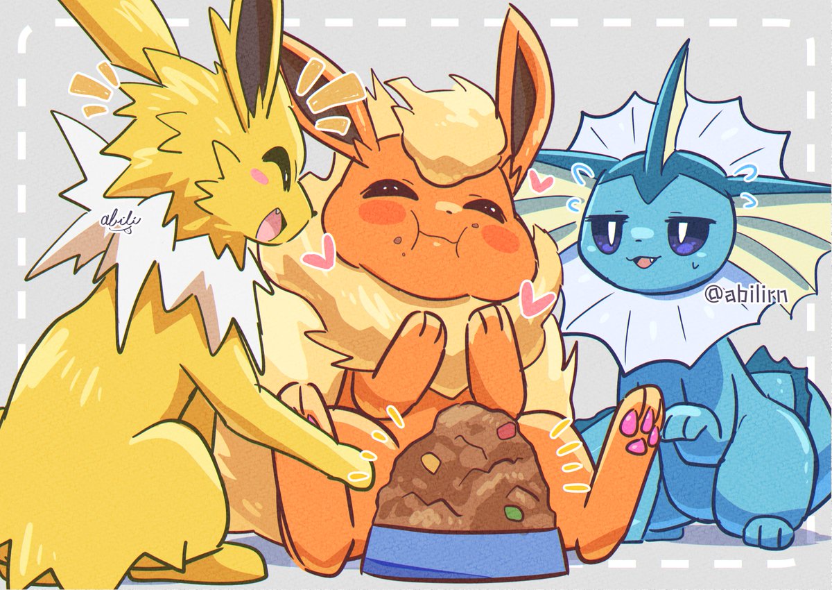 flareon ,vaporeon pokemon (creature) no humans closed eyes food on face heart pet bowl open mouth  illustration images