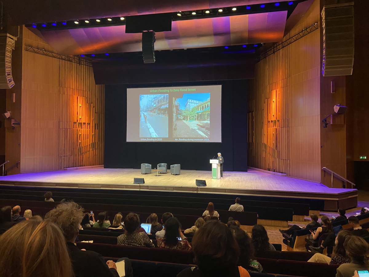 IzziCarter's tweet photo. Fascinating talk by Dr Yasmeen Lari -enabling communities become resilient to flooding events in Pakistan- simple ‘tricks’ of combining porous paving and planting have such positive impact. “We are all eco-champions who need to play our role” #naturebasedsolutions #Ecocity2023 https://t.co/7lcAq01kah