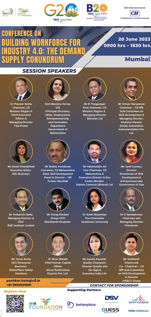 Excited to invite you to the CII B20 Conference on Building Workforce for Industry 4.0 in Mumbai, India! 
Looking forward to engaging discussions on the future of work and skilled workforce development aligned with Industry 4.0. 

Let's shape the future together! #CIIConference