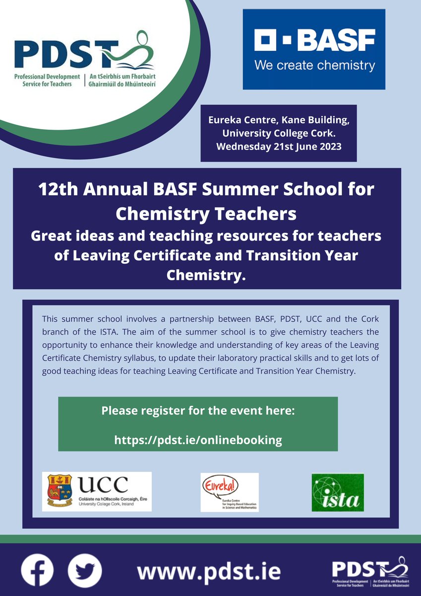 #edshareie #lcchemistry Registration is now open for the 12th Annual BASF Summer School in UCC on wed 21st June. Registration at pdst.ie/onlinebooking
@PDSTie @PdstStem @ScoilnetPPrim @scientixeu_ie @RSC_Ireland_Edu @DrJohnODonoghue @ChemOlympiadIRL @IrishSciTeach