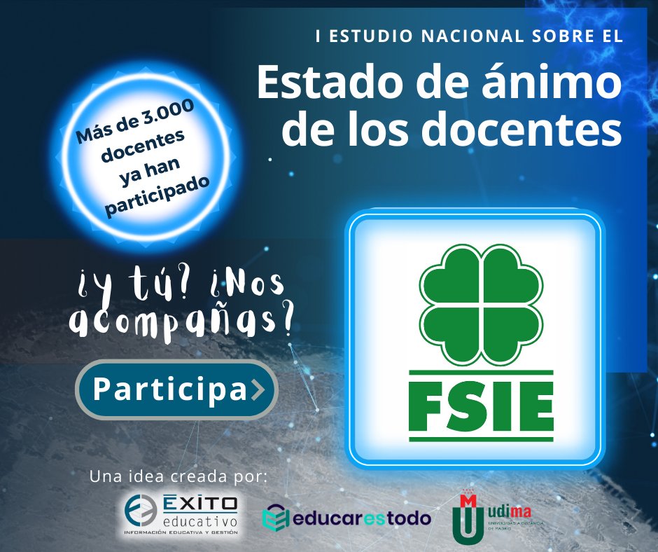 fsie_nacional's tweet photo. 📢‼ Docentes, últimos días para participar en el I Estudio Nacional del estado de ánimo.
📅 Hasta el 15 de junio.
💡 Organizan @Exito_Educativo @UDIMA y @educar_es_todo
📝 ¡Participa! 👉 https://t.co/c8Vtbj479S
#animoprofes #MotivaciónDocente #CalidadEducativa
#SomosFSIE🍀 https://t.co/5FC6OO3Jph