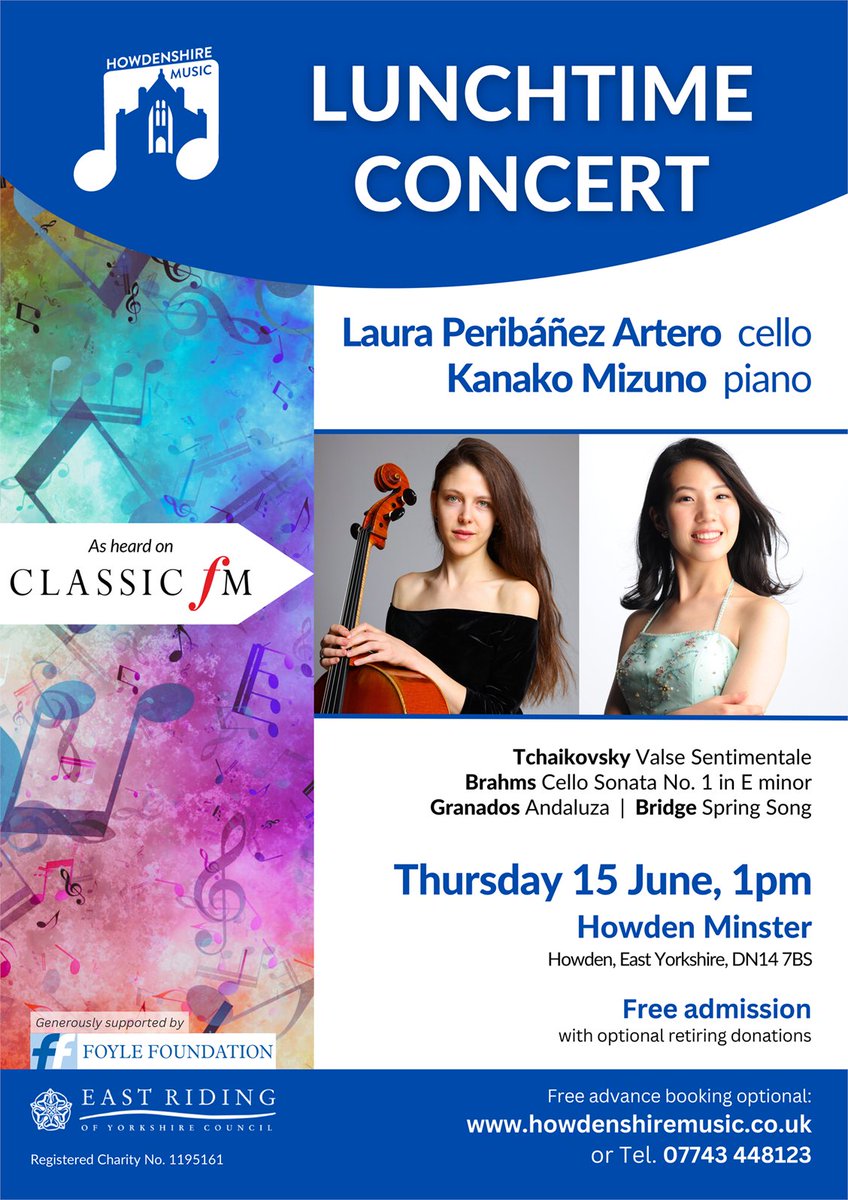 HowdenshireMus's tweet image. Join us next Thursday 15 June @ 1pm to hear a wonderful duo, cellist Laura Peribañez Artero and pianist Kanako Mizuno perform at Howden!
📷 Thursday 15 June, 1pm
📷 Howden Minster
📷 FREE admission with retiring donations booking advised but not essensial
ticketsource.co.uk/howdenshiremus…