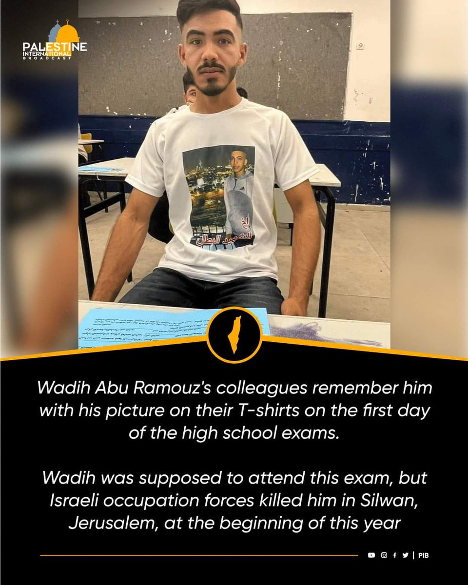 HRservices63299's tweet photo. Wadih Abu Ramouz's colleagues remember him with his picture on their T-shirts on the first day of the high school exams. 

Wadih was supposed to attend this exam, but Israeli occupation forces killed him in Silwan, Jerusalem, at the beginning of this year.😥
#FreePalestine 
#IMS https://t.co/BmnzR1Vkcn