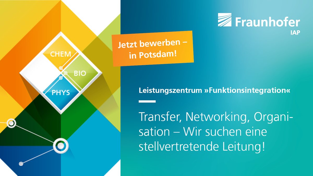 FraunhoferIAP's tweet photo. Sie haben Kompetenzen im Transfermanagement, sind ein Organisationstalent & netzwerken gerne? – Wir suchen eine*n stellvertretende*n Leiter*in (m/w/d) der Geschäftsstelle des Leistungszentrums #Funktionsintegration: https://t.co/DQPKlpVzVl
#Stellenanzeige #PotsdamSciencePark https://t.co/NBcTHnQ6Ry
