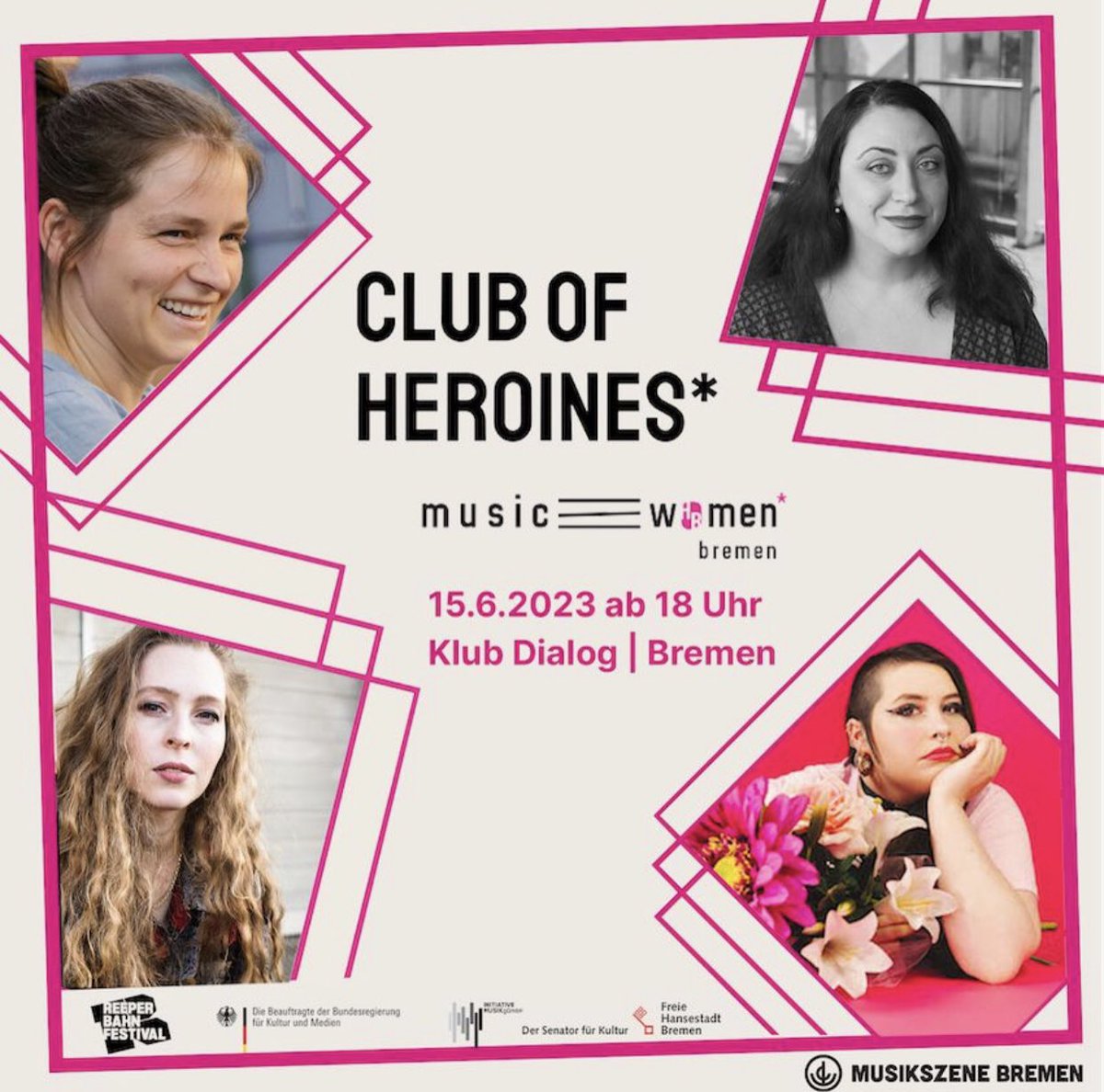 Noch 1 Woche - Do,15.6., 18 Uhr - Klub Dialog, Bremen: CLUB OF HEROINS der musicHBwomen*  !Netzwerkveranstaltung mit tollen Talk-Gästinnen: LILOU, FINNA, SEMA MUTLU , KATRIN WINDHEUSER ! Moderation: DERYA MUTLU #genderequality #flintas #network #musicwomengermany #womeninmusic