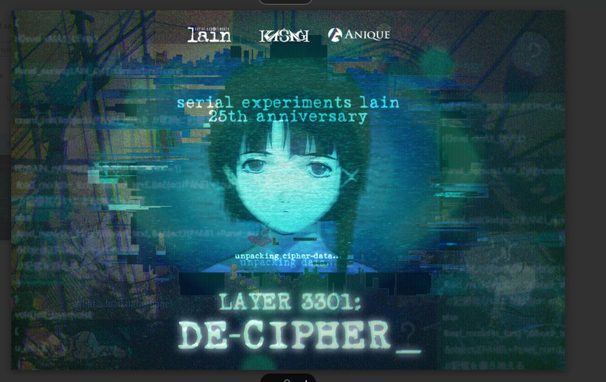アニメ『serial experiments lain』の25周年を記念する代替現実ゲーム『Layer 3301： De-Cipher』が発表
news.denfaminicogamer.jp/news/230608l

特設サイトも開設されており、6月にリリース予定。出題されるパズルをクリアすると限定の記念品やアニメ版の制作に使われた実物セル画などの特典を受け取れるという