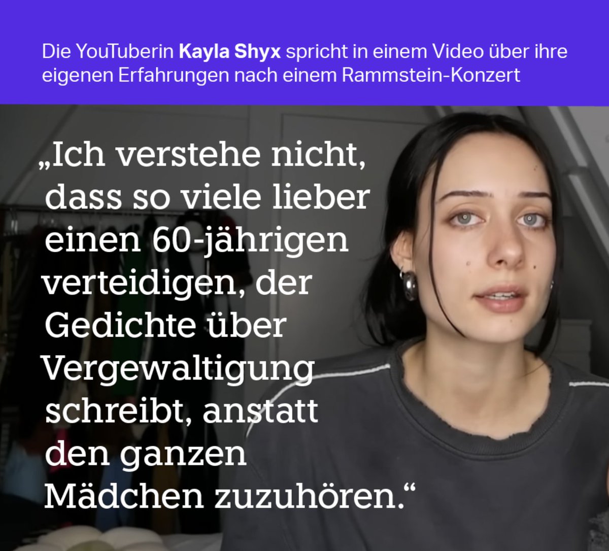 Selbst wenn eine Frau nackt durch die Straße laufen würde, macht sie das nicht automatisch zum Freiwild. JEDE Frau kann sich kleiden, wie sie will und tun, was sie will. KEIN MANN, auch kein #TillLindemann, darf aus einem Minirock das Recht auf Sex ableiten!
#Sexobjekt