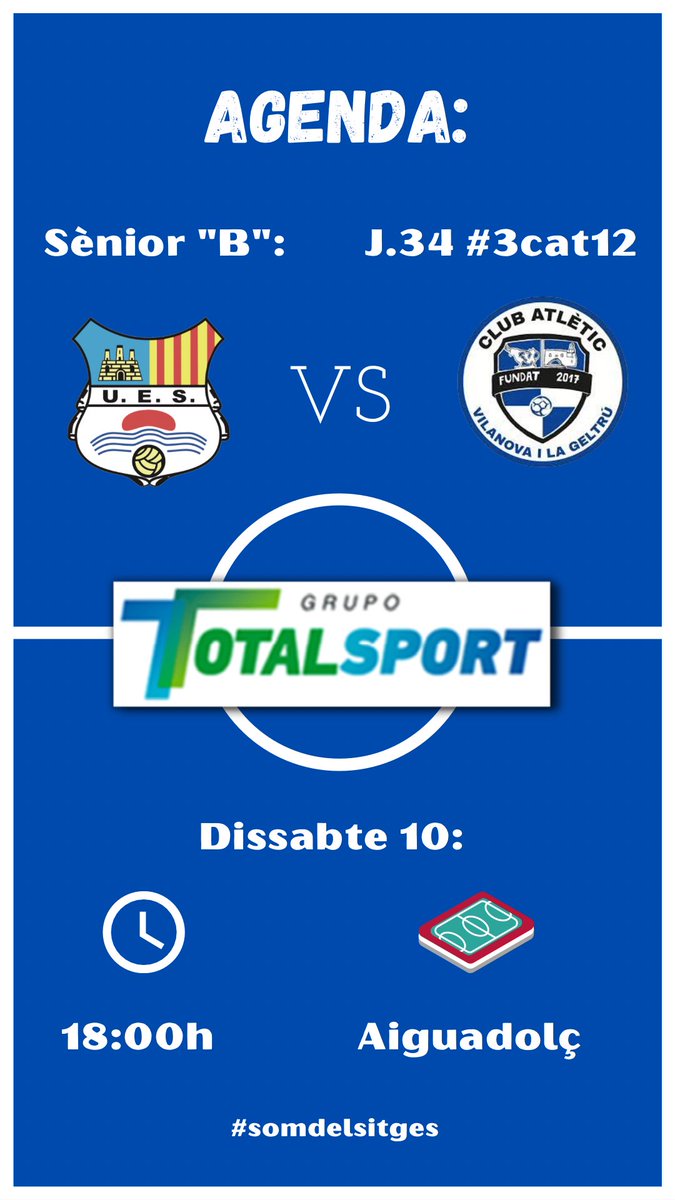 🔵⚪ PRÒXIM PARTIT 🔵⚪
⚽ UE Sitges “B” 🆚 @ClubAtlVilanova 
📆 Dissabte, 10 de Juny
⏰ 18:00h
🏟️ Municipal d’Aiguadolç
🏆 J.34 #3cat12 
#somdelsitges