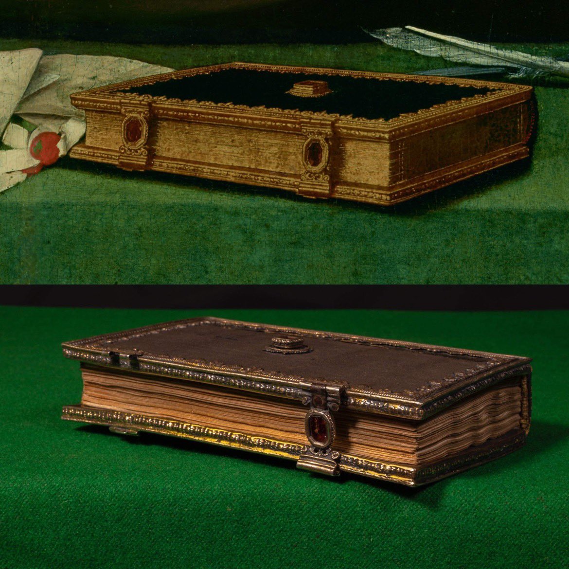 kateemccaffrey's tweet image. We discovered Thomas Cromwell’s Book of Hours…and it’s the book painted on Cromwell’s desk by Hans Holbein the Younger in his famous portrait of Cromwell!! @hevercastle @DrOwenEmmerson
Solving a 500 year old mystery - A THREAD (1/9)