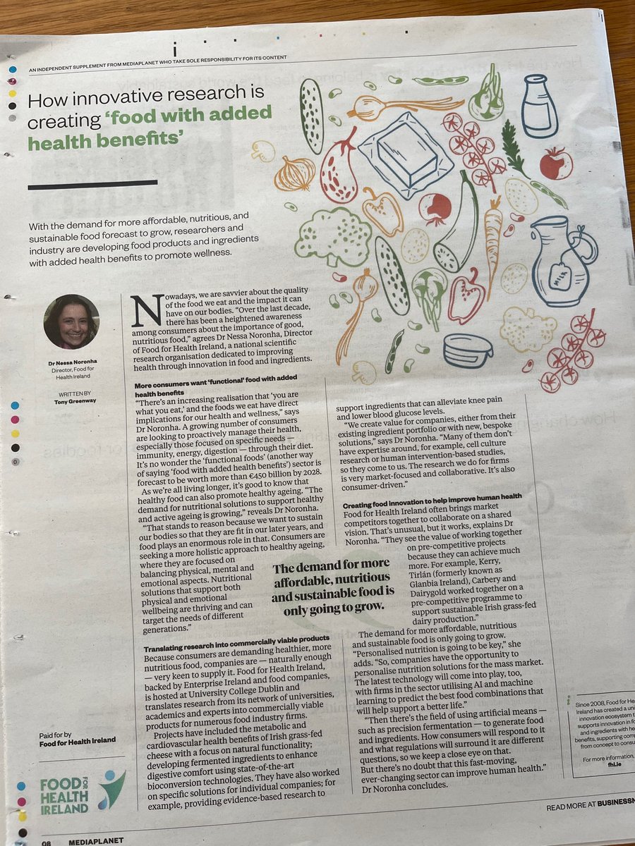 Delighted to be featured in the Irish Independent supplement: 
You can read the full supplement here: bitly.ws/HGX 
or go directly to the online article here: bit.ly/3IBjTcG

#research #futureoffood #foodresearch #functionalfoods #fooddevelopment