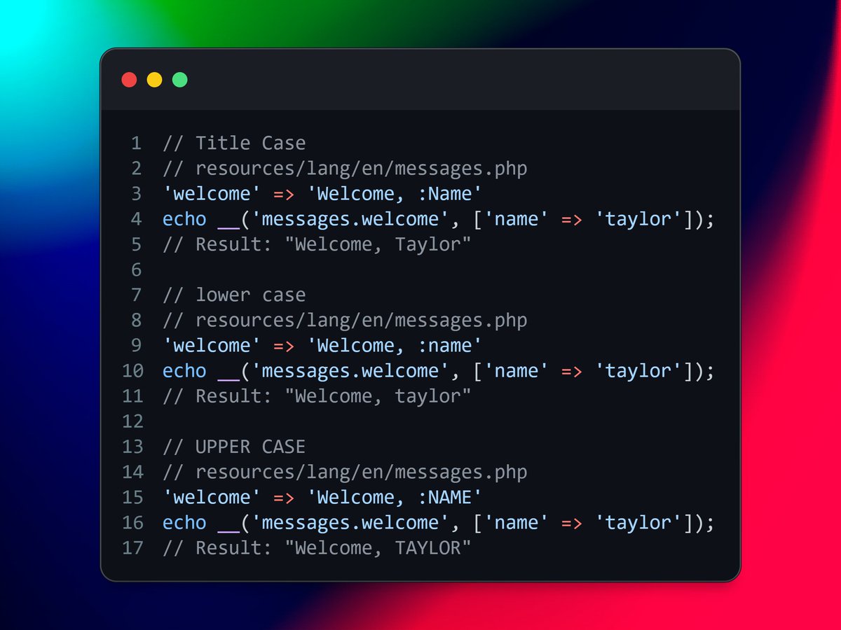 eighty9nine's tweet image. Laravel Devs how old were you when you learned that-

In translation files (resources/lang), you can specify variables not only as :variable, but also capitalized as :VARIABLE or :Variable - and then whatever value you pass - will be also capitalized automatically.
#LaravelDaily