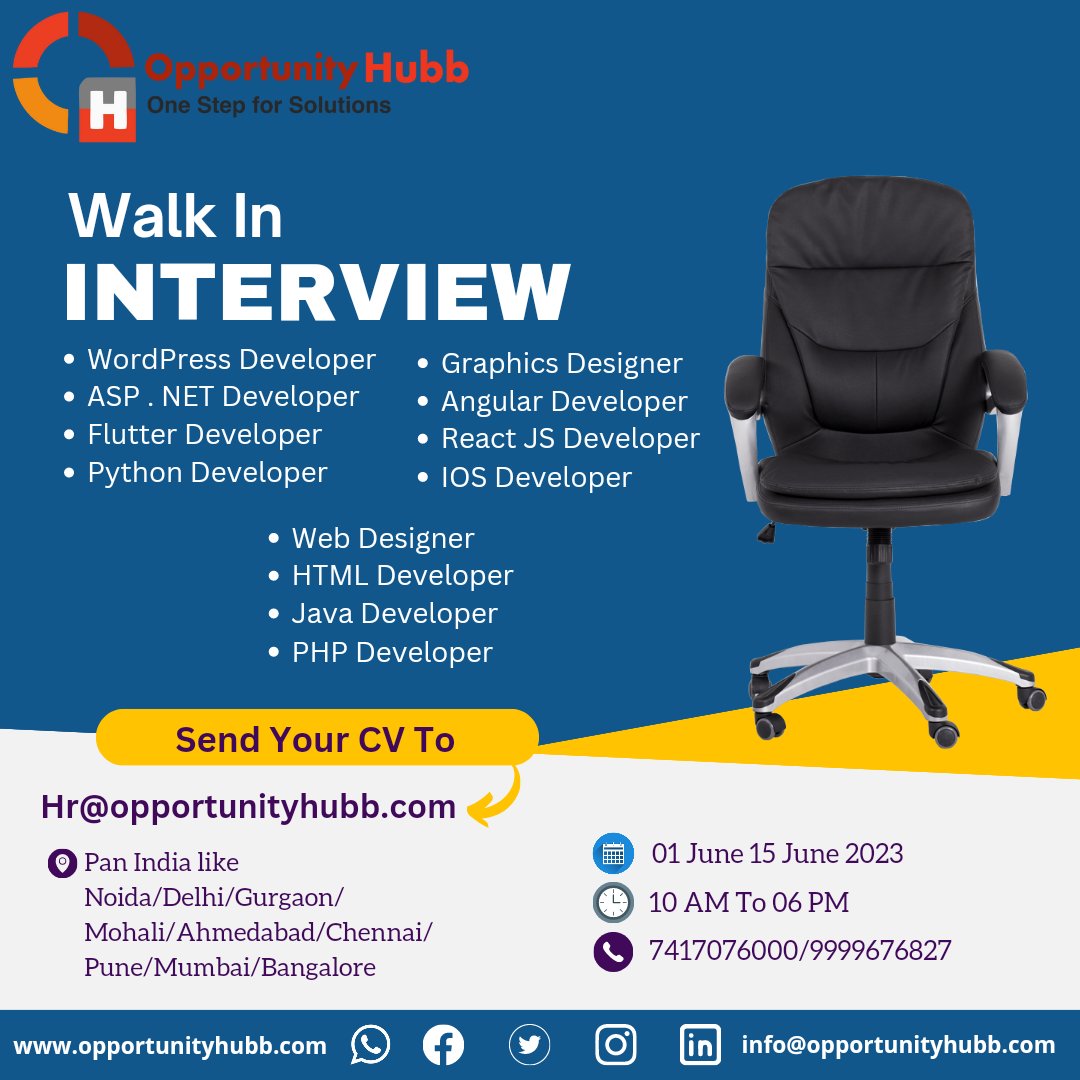 Find your dream job with Opportunity Hubb. Walk-in Interview is available from 1st June to 15th June. Send your CV at hr@opportunityhubb.com.

#phpjobs #graphicdesigner #IOSdeveloper #React #JS #wordpressjobs #htmlJobs #Javajobs #pythonjobs #Opportunityhub #jobs #HR #HRConsulting