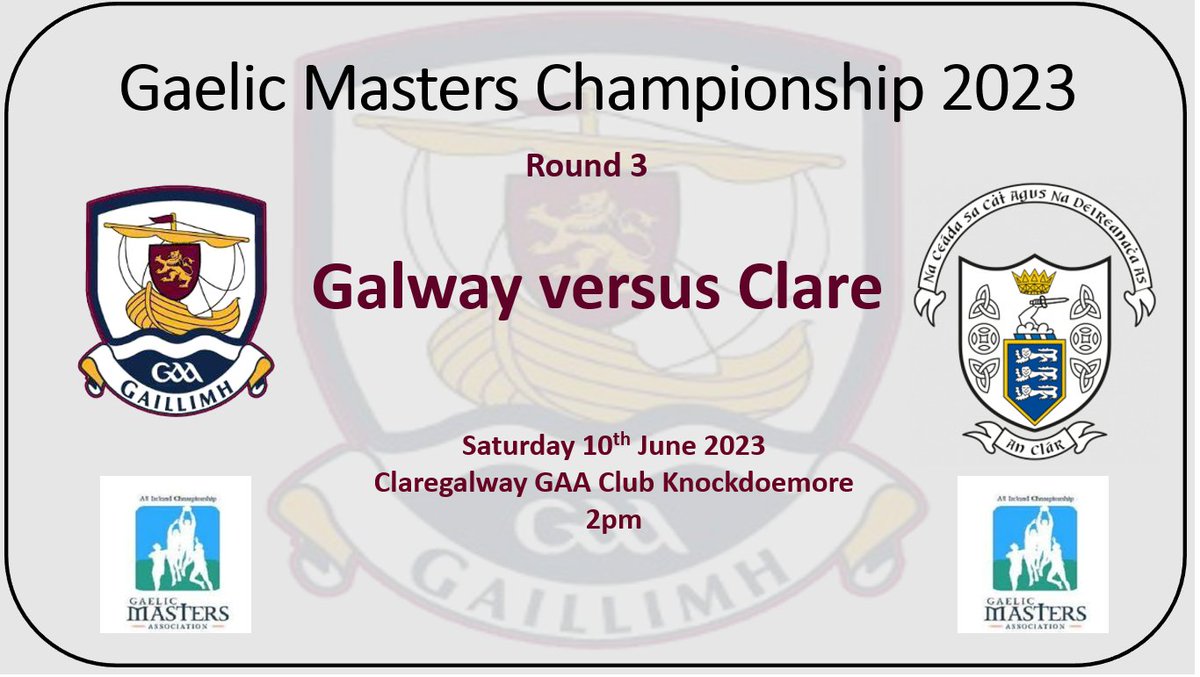 Galway Masters GAA (@mastersgalway) on Twitter photo Our game versus <a href="/ClareMasterGaa/">Clare Masters Gaa</a> is on in Knockdoemore on Saturday 10th June at 2pm. All support welcome. Location details can be found here claregalwaygaa.net/location-facilโฆ Our game versus <a href="/ClareMasterGaa/">Clare Masters Gaa</a> is on in Knockdoemore on Saturday 10th June at 2pm. All support welcome. Location details can be found here claregalwaygaa.net/location-facilโฆ