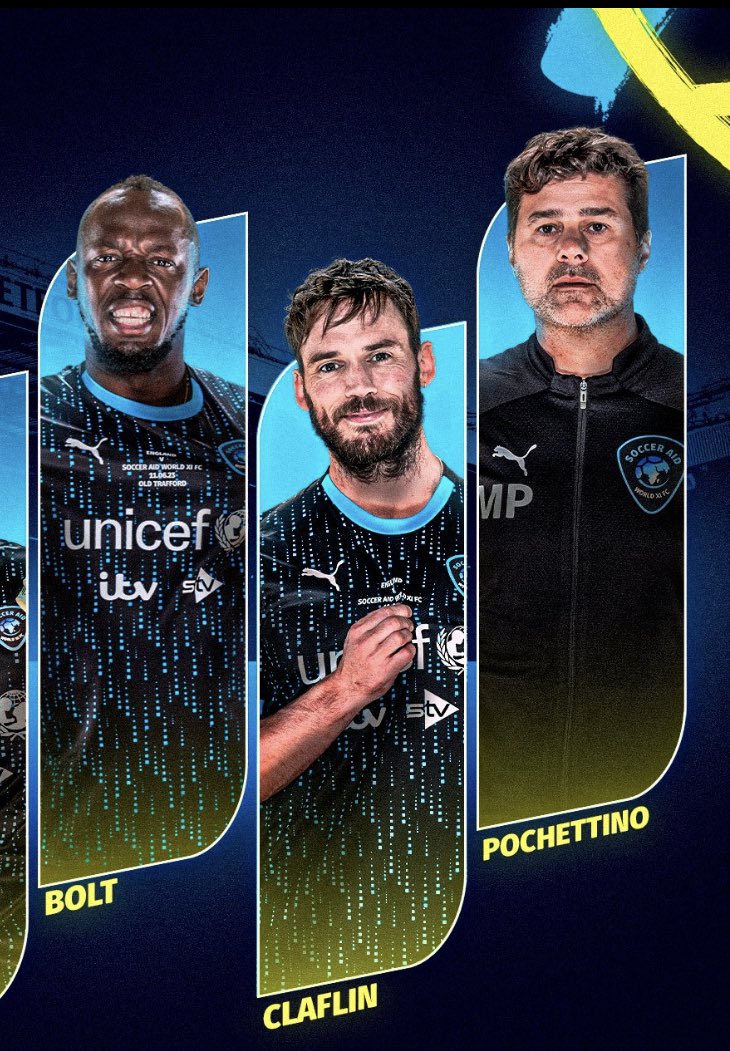 “Usain, you pretend you’ve just scored, Sam, you point the badge… And Mauricio, errr… could you pretend you’re haunted by a distant memory.”