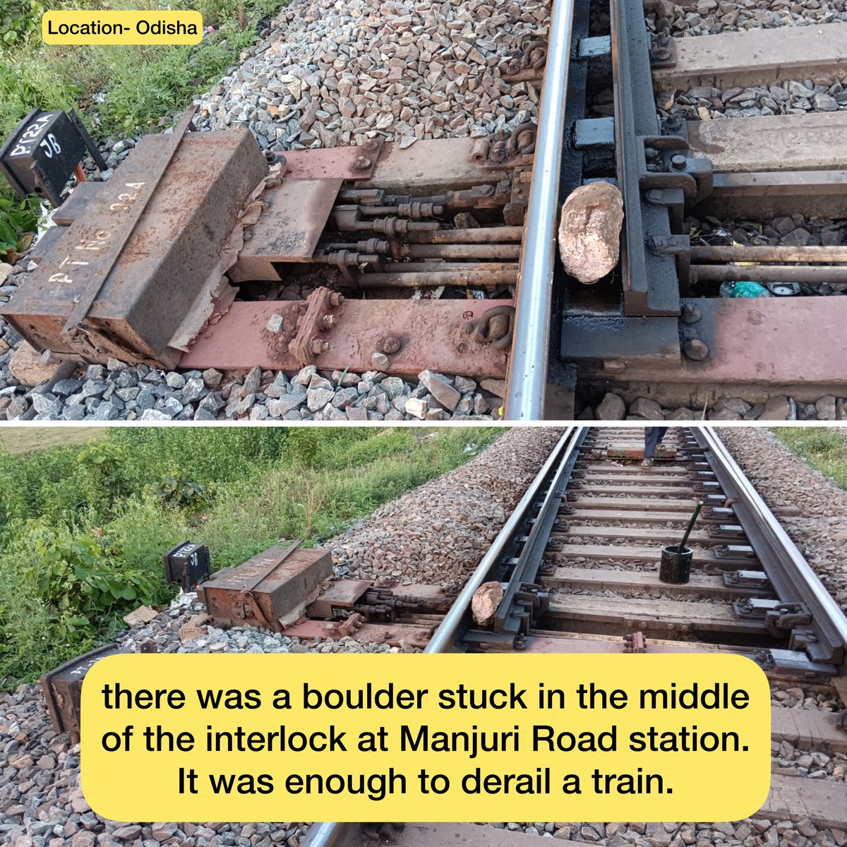 A potential catastrophe was prevented as a large rock was strategically positioned within the intersection at Manjuri Road station in Bhadrak, Odisha. Its presence had the potential to cause a train derailment, resulting in drastically altered visuals if such an event had…