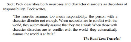 Scott Peck describes both neuroses and character disorders as disorders of
responsibility. Peck writes,
"The neurotic assumes too much responsibility; the person with a
character disorder not enough. When neurotics are in conflict with the
world, they automatically assume that they are at fault. When those with
character disorders are in conflict with the world, they automatically
assume the world is at fault."
The Road Less Traveled