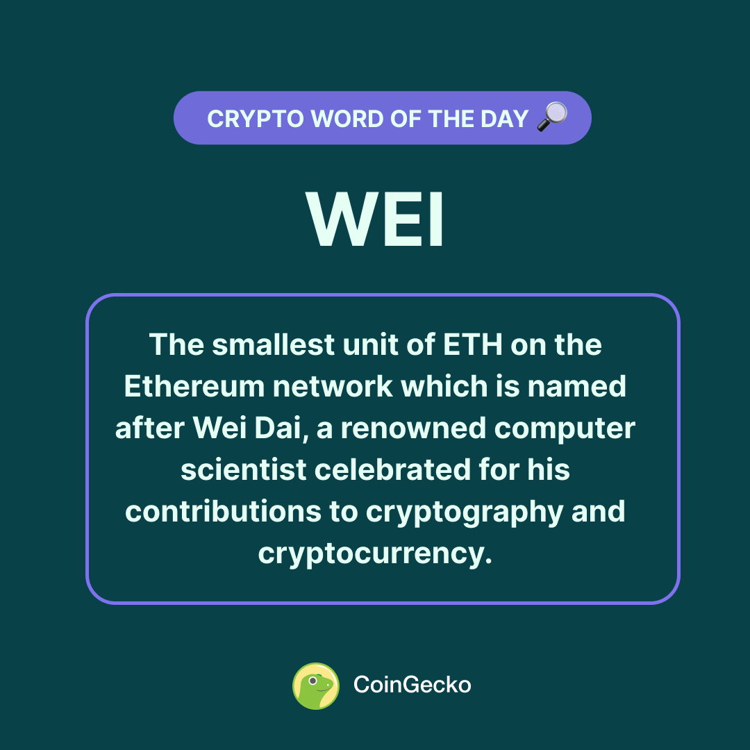 coingecko's tweet photo. #Crypto Word Of The Day: "WEI"

Used in a sentence: "One ether is equal to 10^18 WEI, making WEI the fundamental unit of value in the Ethereum ecosystem."

Check out our glossary 👉 https://t.co/X6x5Segfig https://t.co/2At8w4KbLW