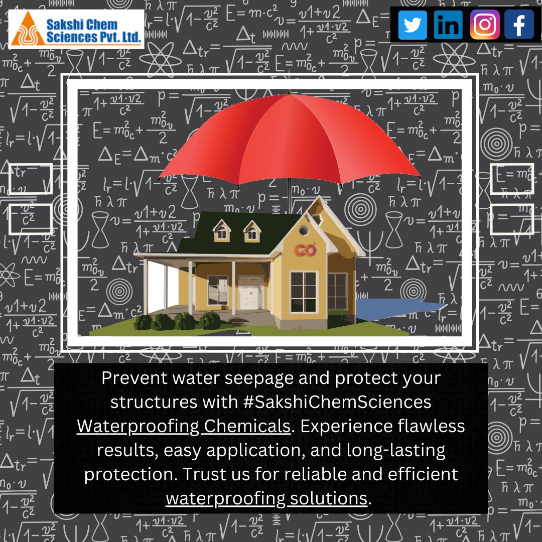 SakshiChemSci's tweet photo. Say goodbye to water seepage with #SakshiChemSciences Waterproofing Chemicals! Our advanced compounds provide flawless protection for your structures, ensuring longevity and peace of mind. Trust us for reliable solutions. 
#Waterproofing #EffectiveProtection https://t.co/9sYndYlmoS
