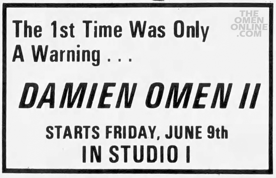 TheOmenOnline's tweet photo. A minimalist approach ran in the Rutland Daily Herald (Rutland, Vermont) on June 7, 1978. #DAMIEN #TheOMEN #TheFirstTimeWasOnlyAWarning #Damien45th https://t.co/PfjWlUZPY6