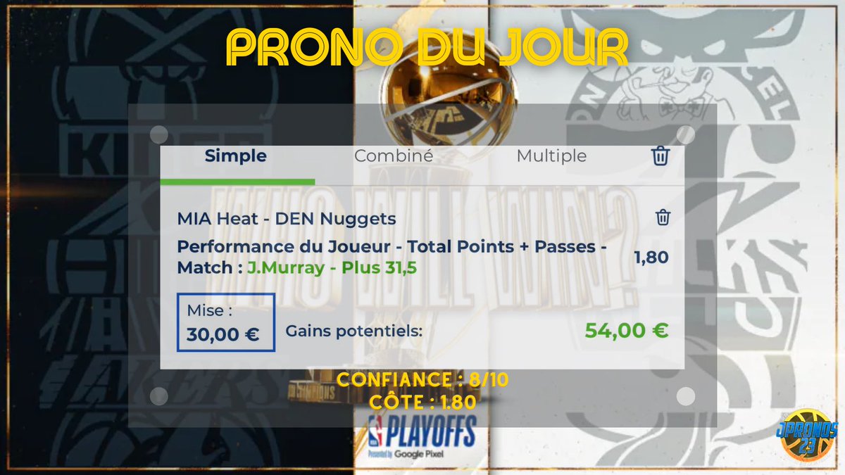 JPronos23's tweet photo. PRONO DU JOUR 👍🏼✅

🤩 On enchaîne à merveille, série de 3/3 le #JPronos23Crew !

🏄‍♂️ Ça glisse tout seul avec une MASTERCLASS de Jamal Murray !

👀 Vos poches font encore du bruit ce matin ? https://t.co/fqf82BAvJG