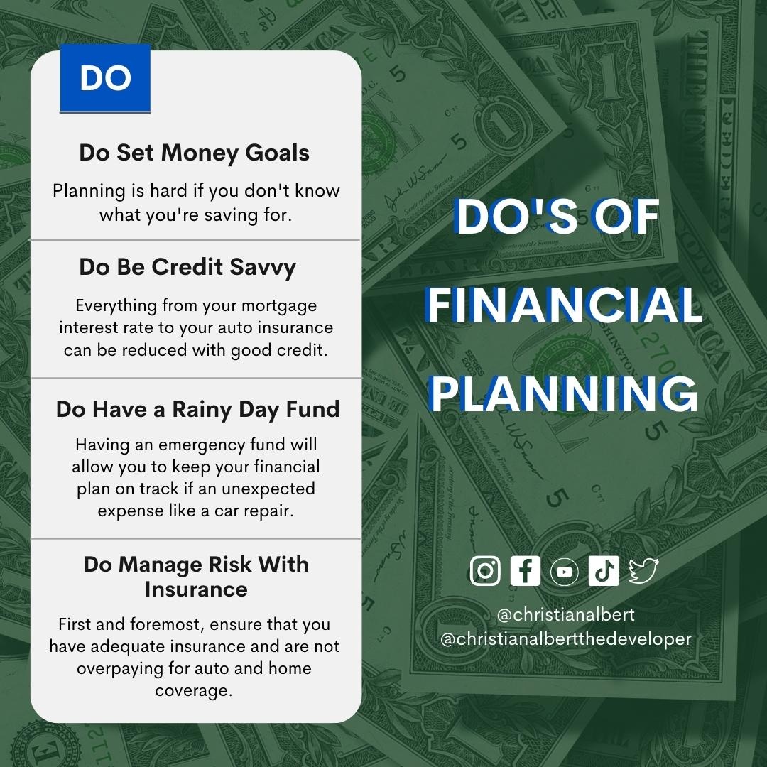 CATheDeveloper's tweet photo. Here are key points on financial planning: Assess your situation, money, and goals. Use money to achieve future goals. Consider these Do's and Don'ts.
Follow for more: https://t.co/KrH3gPbawW
#InvestmentCompany
#CommercialRealEstate
#BuildGenerationalWealth https://t.co/Pbz9DlP9lw