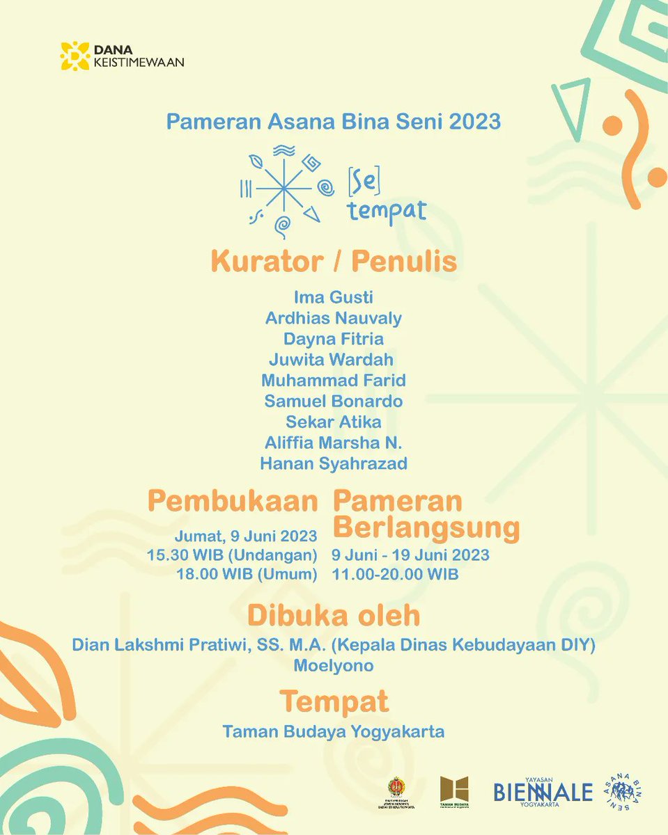 Pameran Asana Bina Seni 2023

Pembukaan Pameran:
🗓 Jum’at, 9 Juni 2023
⏰ 15.30 WIB (UNDANGAN)
⏰ 18.00 WIB (UMUM)
📍Taman Budaya Yogyakarta

Pameran berlangsung:
🗓 9Juni-19 Juni 2023
⏰ 11.00-20.00 WIB
📍Taman Budaya Yogyakarta

HTM: GRATIS