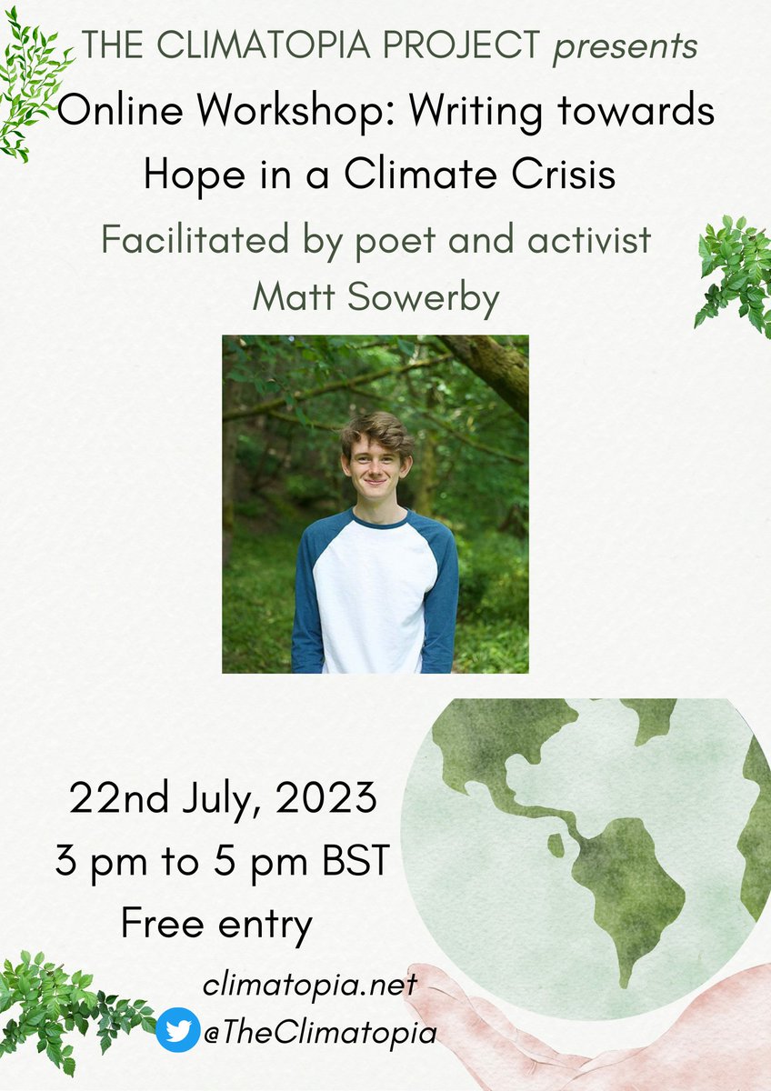 Reminder to sign up for our online ecopoetry workshop being led by writer &amp; activist Matt Sowerby!
Book here: eventbrite.com/e/eco-poetry-w…

#climate #ClimateAction #WritingCommunity #writersoftwitter #writing #writers #poetrycommunity #writercommunity #poetrytwitter #poetry #workshop