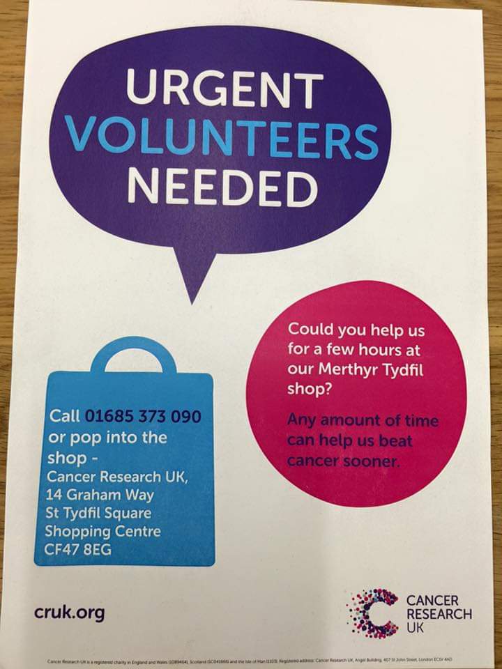 Volunteers needed!! any amount of time you can spare can help us beat cancer sooner! Pop in store or give us a call on the number below for more info 💪🏻👌🏻