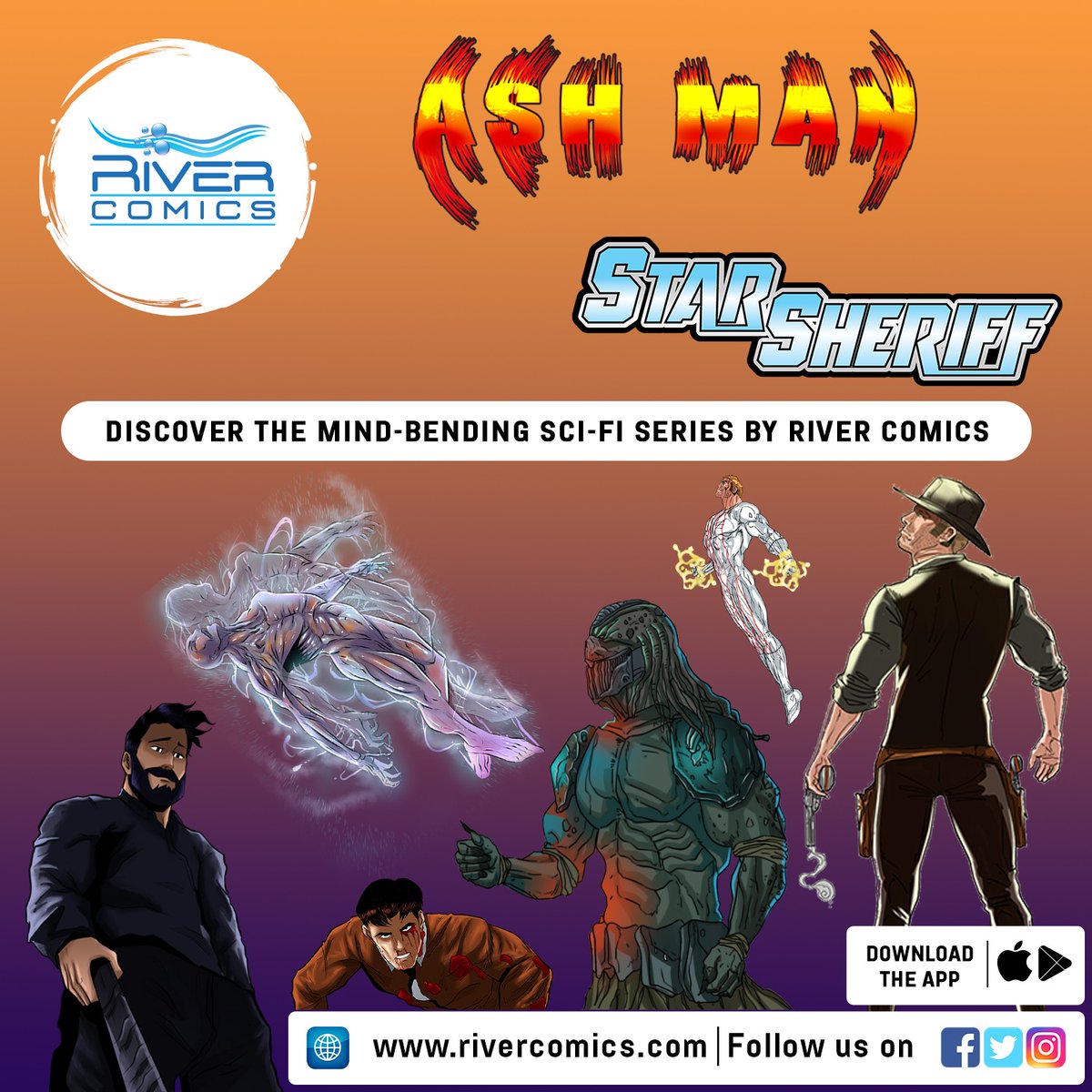 RiverComics's tweet photo. 🚀 Embark on intergalactic adventures with River Comic sci-fi series. Join Bill, the Star Sheriff, and Devon, the enigmatic Ashman, as they face supernatural forces and unravel mind-bending mysteries. Prepare for epic tales that blend cowboys, conspiracy, and the unknown. https://t.co/vtTaiXAQby
