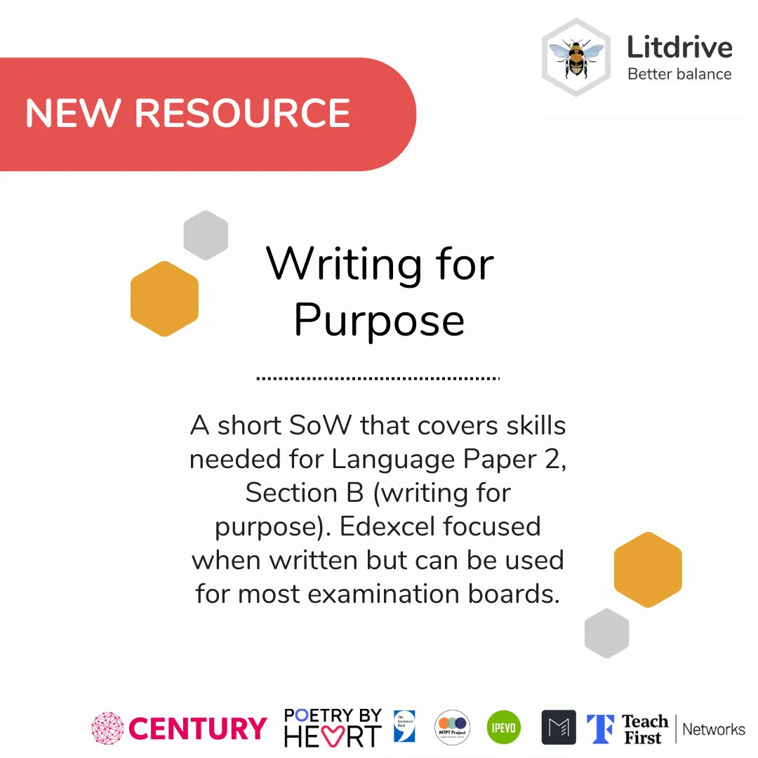 One of the latest resources uploaded to Litdrive is a short SoW that covers skills needed for Language Paper 2, Section B (writing for purpose).

Check it out here: buff.ly/3qoGWl1

#LitdriveCPD #TeamEnglish