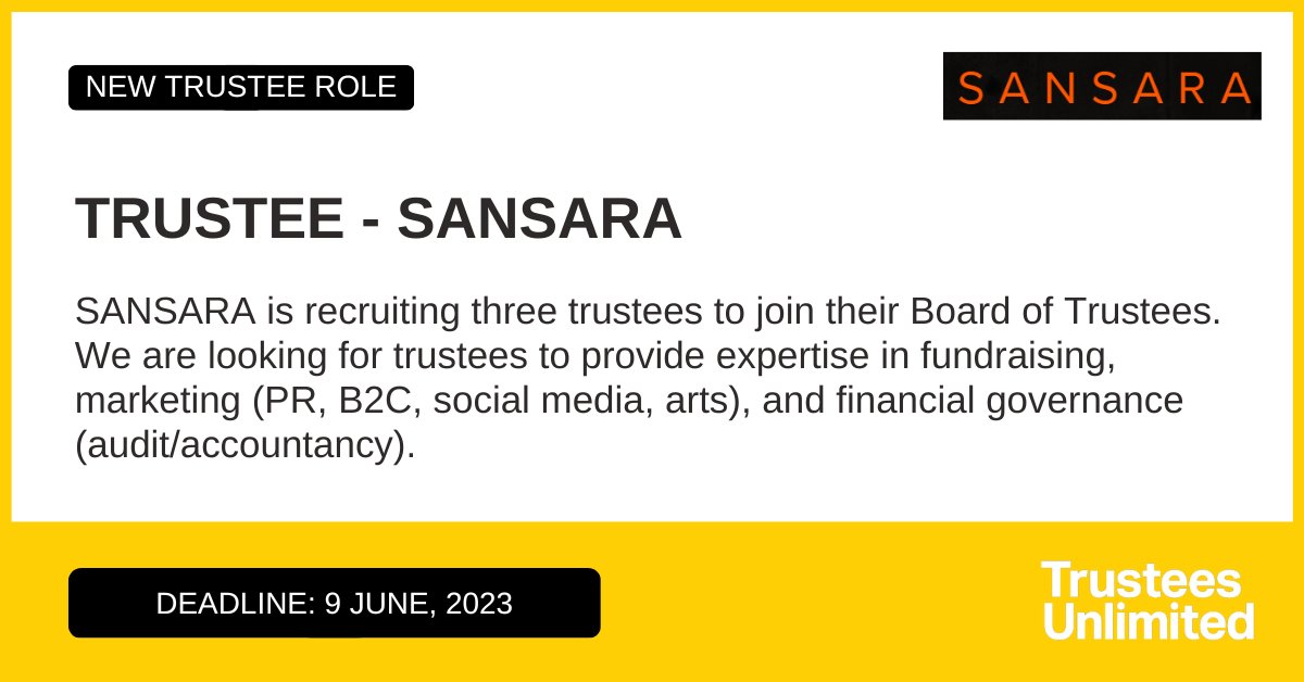 *** DEADLINE APPROACHING *** 

@SansaraChoir is seeking Trustees. 

They are a vocal collective making choral music that matters, giving voice to powerful human stories.

Deadline: 9 June 

More info:  ow.ly/gHn350O7Qvi

#CharityTrustee #TrusteeRole #Trustee #CharityRole