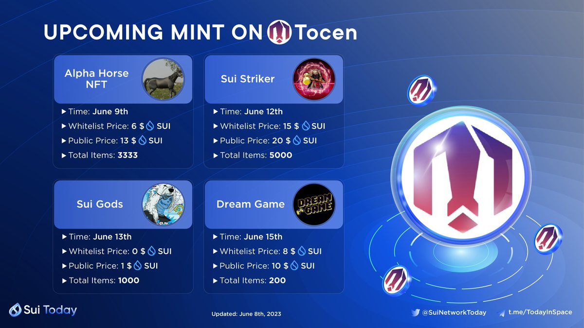 Upcoming NFT Drops on @tocen__🤩
 
Don't miss out 👇

@AlphaHorseNFT
@suistriker
<a href="/SuiGodsNFT_/">SuiGods- SOLD OUT🧊</a>
<a href="/dreamgame_8bit/">Dream Game</a>

#SuiToday #SuiMainnet #BuildOnSui