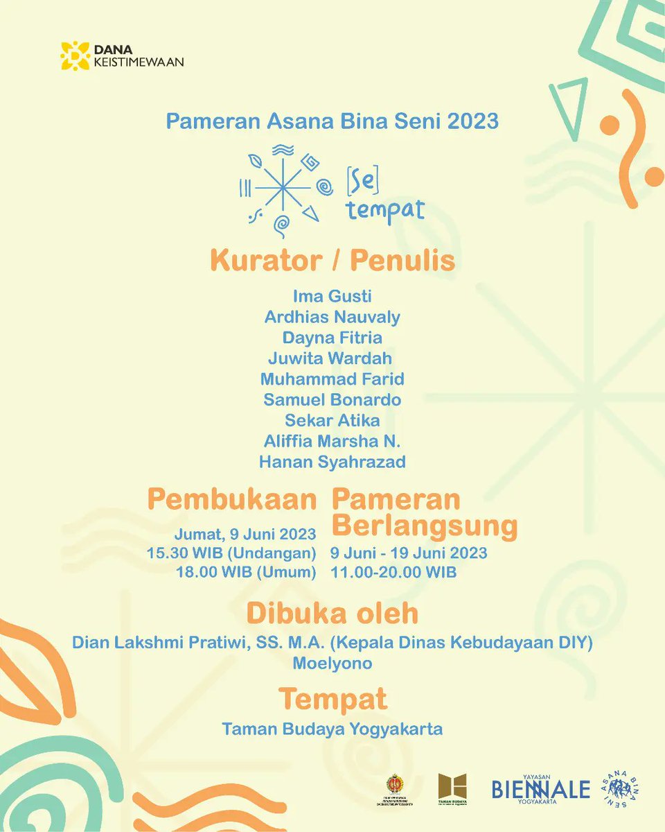 Pameran Asana Bina Seni 2023

Pembukaan Pameran:
🗓 Jum’at, 9 Juni 2023
⏰ 15.30 WIB (UNDANGAN)
⏰ 18.00 WIB (UMUM)
📍Taman Budaya Yogyakarta

Pameran berlangsung:
🗓 9Juni-19 Juni 2023
⏰ 11.00-20.00 WIB
📍Taman Budaya Yogyakarta

HTM: GRATIS