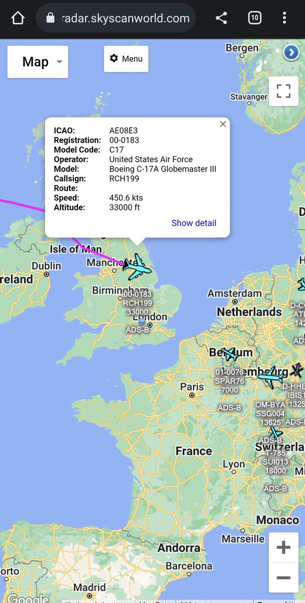 scan_sky's tweet photo. Another Flight To Wunstorf Air Base 🇩🇪 Just Crossing The UK 🇬🇧

#USAF 🇺🇸 - Boeing C-17A Globemaster III - 00-0183 - #RCH199

Departed From Charlotte Air National Guard Base 🇺🇸

#AirDefender23 https://t.co/sINshA67jl