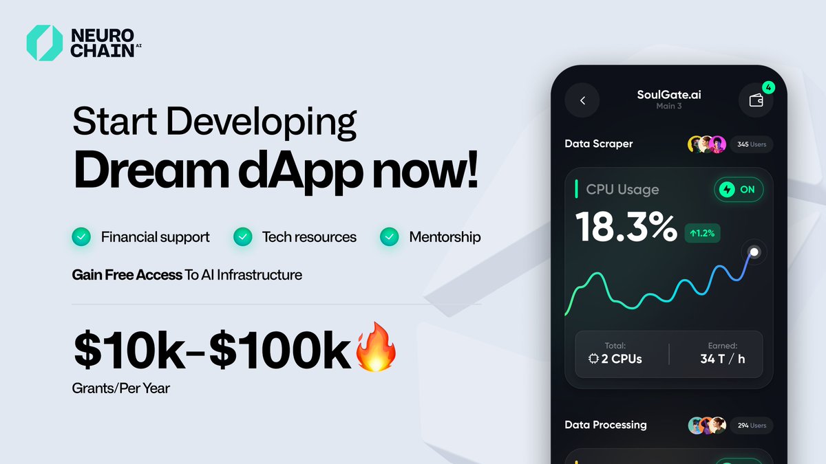 NeurochainAI's tweet photo. Have an #AI #dApp idea? 

Apply for grants 👉https://t.co/hcTOVKS4xf

Gain $10k-$100k with free #aiinfrastructure  for 1 year

✅Financial support
✅Software tools 
✅Mentorship
✅Growing network

👇Here's what you get from participating https://t.co/SghFBhodpa