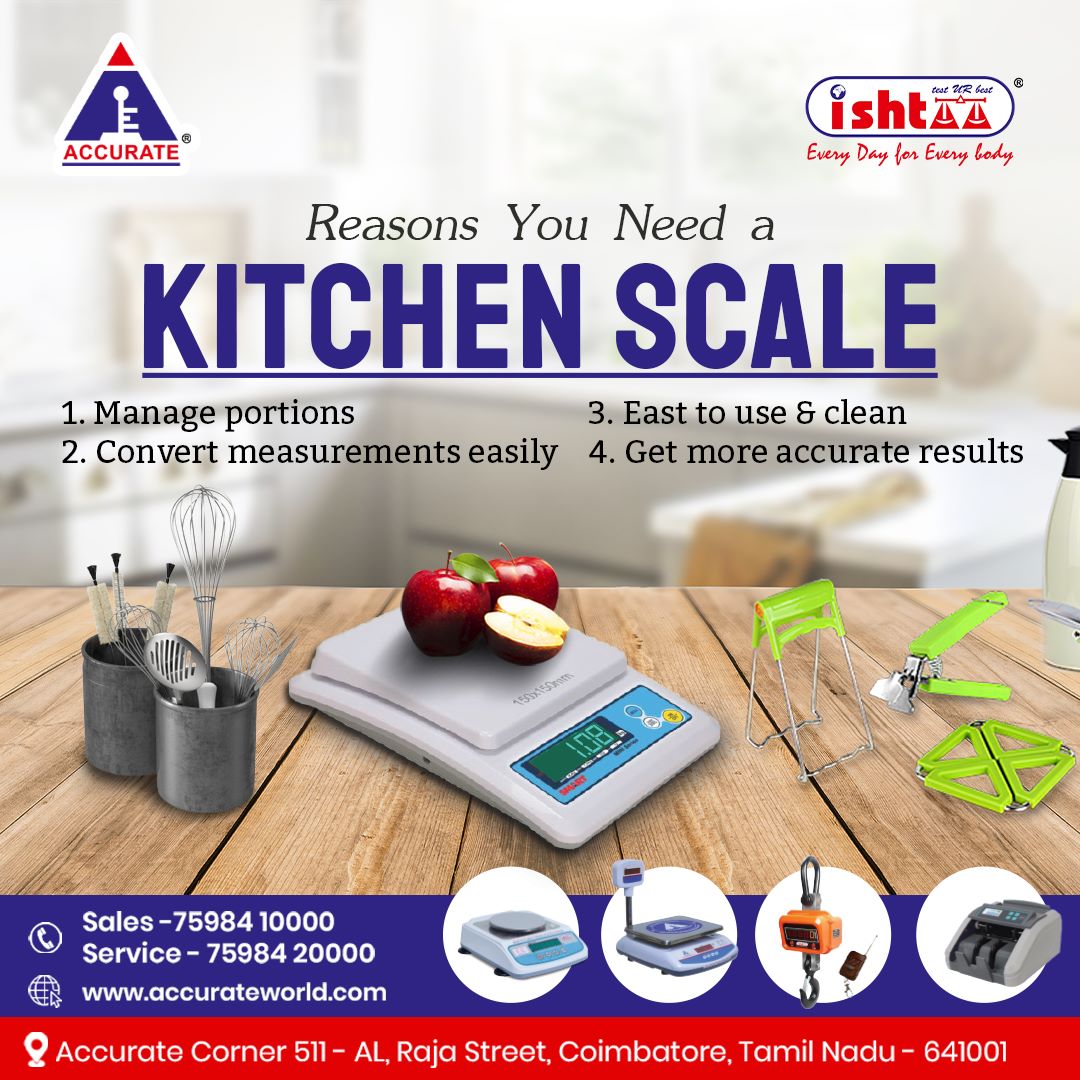 Reasons you need a Kitchen Scale!
.
For More Details:
📍Accurate Corner 511 - AL, Raja St, Coimbatore, Tamil Nadu 641001
✆ 75984 10000
.
#KitchenScale #SmallScale #WeighingSolutions #PieceCounting #PieceCountingScale #Accurate #AccurateElectronics #WeighingScale #WeightScale