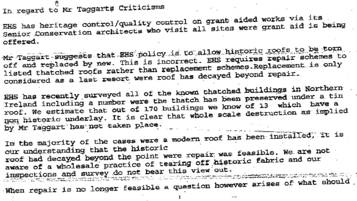 thatchertaggart's tweet image. @CommunitiesNI #HEDNI / #EHSNI sent this reply in 2005 regarding the loss of #Scraw underlay found below traditional Irish #Thatched roofs. Over 8% loss of this unique Irish #thatching technique &amp;amp; their clear decision not to replace like for like but they're not incompetent #121