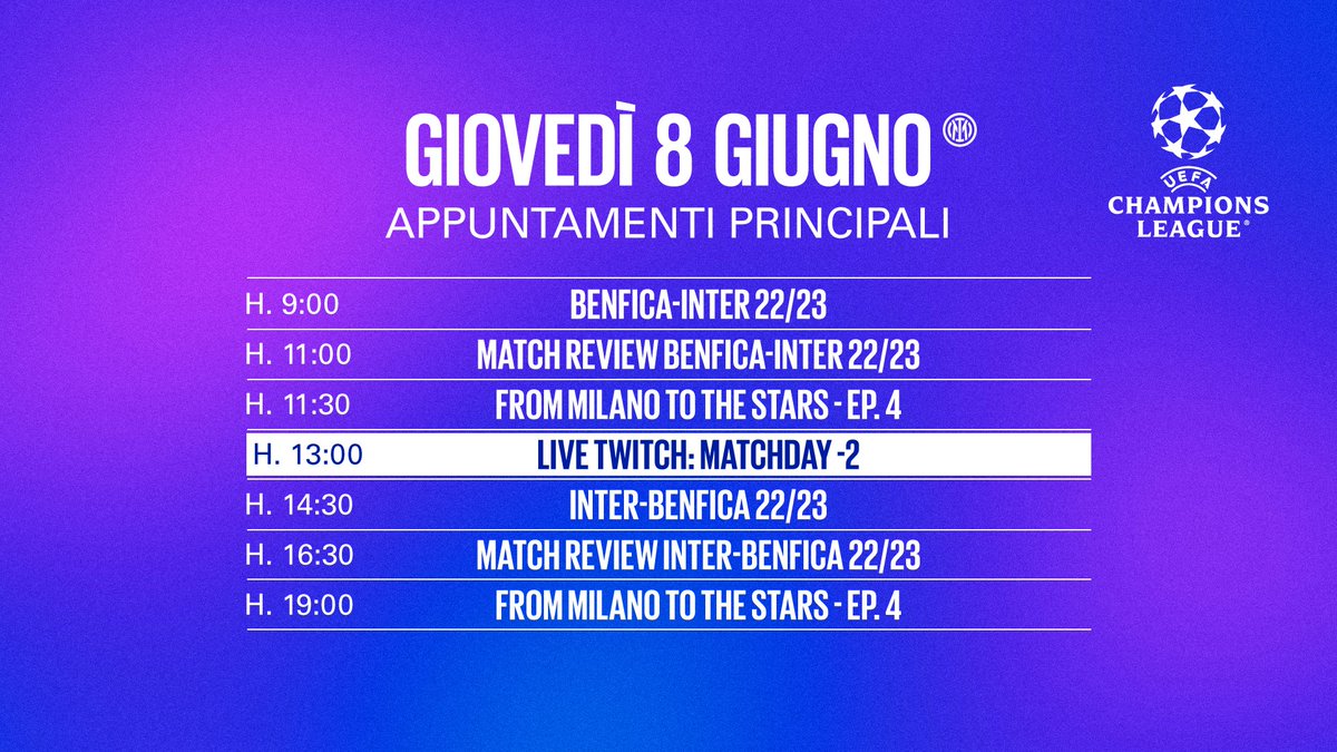 🤩 MENO 2⃣ 🌟 Ci siamo quasi: manca poco alla #UCLfinal 🕐 Oggi alle 13:00 vi aspettiamo su YouTube e Twitch per la nostra prima Live di questi tre giorni! 💪 🎮 @Twitch 👉 twitch.tv/inter 📺 @Inter_TV 👉 bit.ly/3QBRYLi