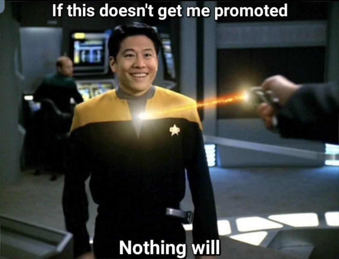 During my morning run today I listened to the lovely @GarrettRWang & @robertdmcneill on the @TheDeltaFlyers podcast which recapped the ‘Repression’ episode. I kid you not, this meme just popped up in a Voyager Facebook group! Coincidence? Or was my phone ‘listening in’? 😳😱🤔