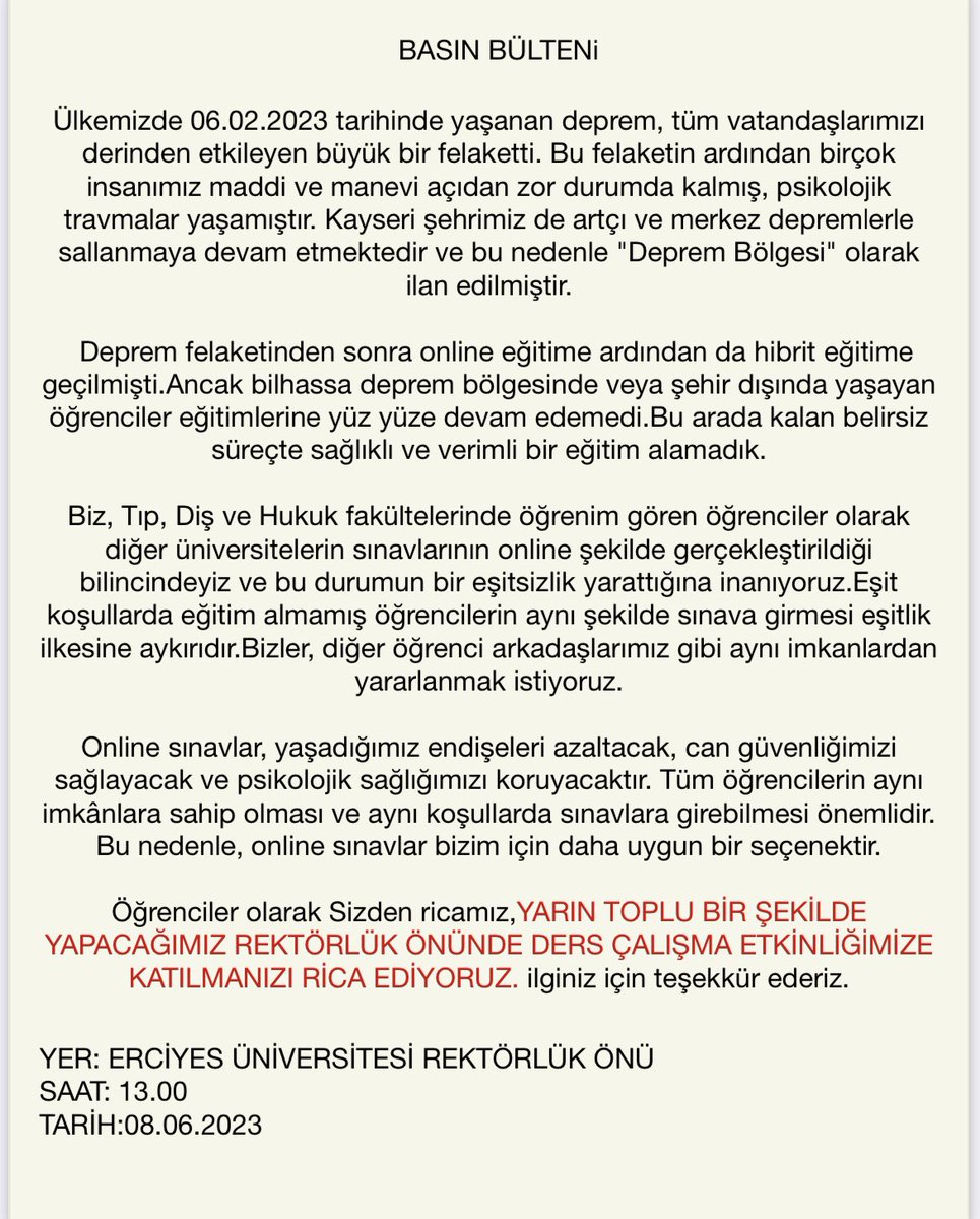 eru_kampus's tweet photo. ✅ Tıp, diş hekimliği ve hukuk öğrencileri de online sınav istiyor

#erü #erciyesuniversitesi https://t.co/3k2Jkb3pzR