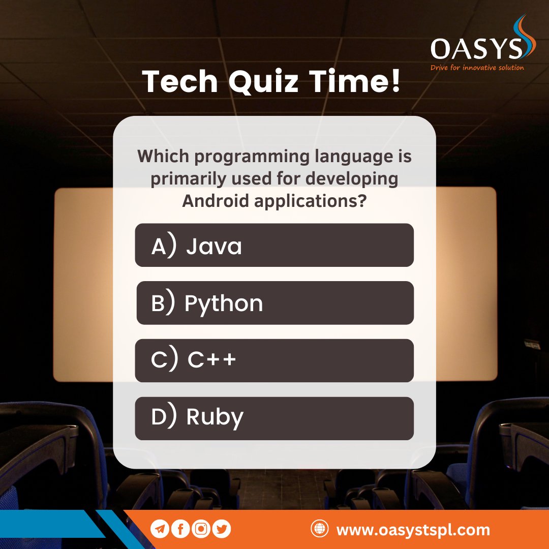 OasysLtd's tweet image. 🌟 Join the Tech Quiz Challenge! 🌟
🤔 Can you guess the answer to this tech-related quiz question? Comment below with your guess!
#TechQuizChallenge #GuessTheAnswer #TechTrivia #AndroidDevelopment #ProgrammingLanguages #Java #Python #CPlusPlus #Ruby #OasysTechSolutions