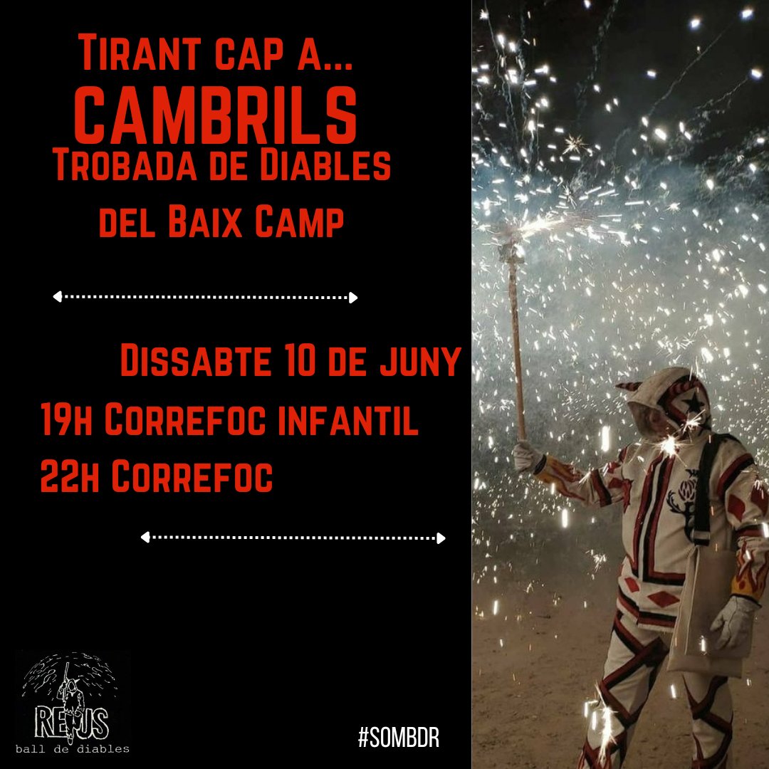 Tirant cap a...CAMBRILS

Aquest dissabte visitem la vila de Cambrils a la Trobada de Diables del Baix Camp, organitzada pels <a href="/ElsCagarrieres/">Diables Cagarrieres</a>

19h Correfoc Infantil
22h Correfoc

#SomBDR 
#BDRonTour