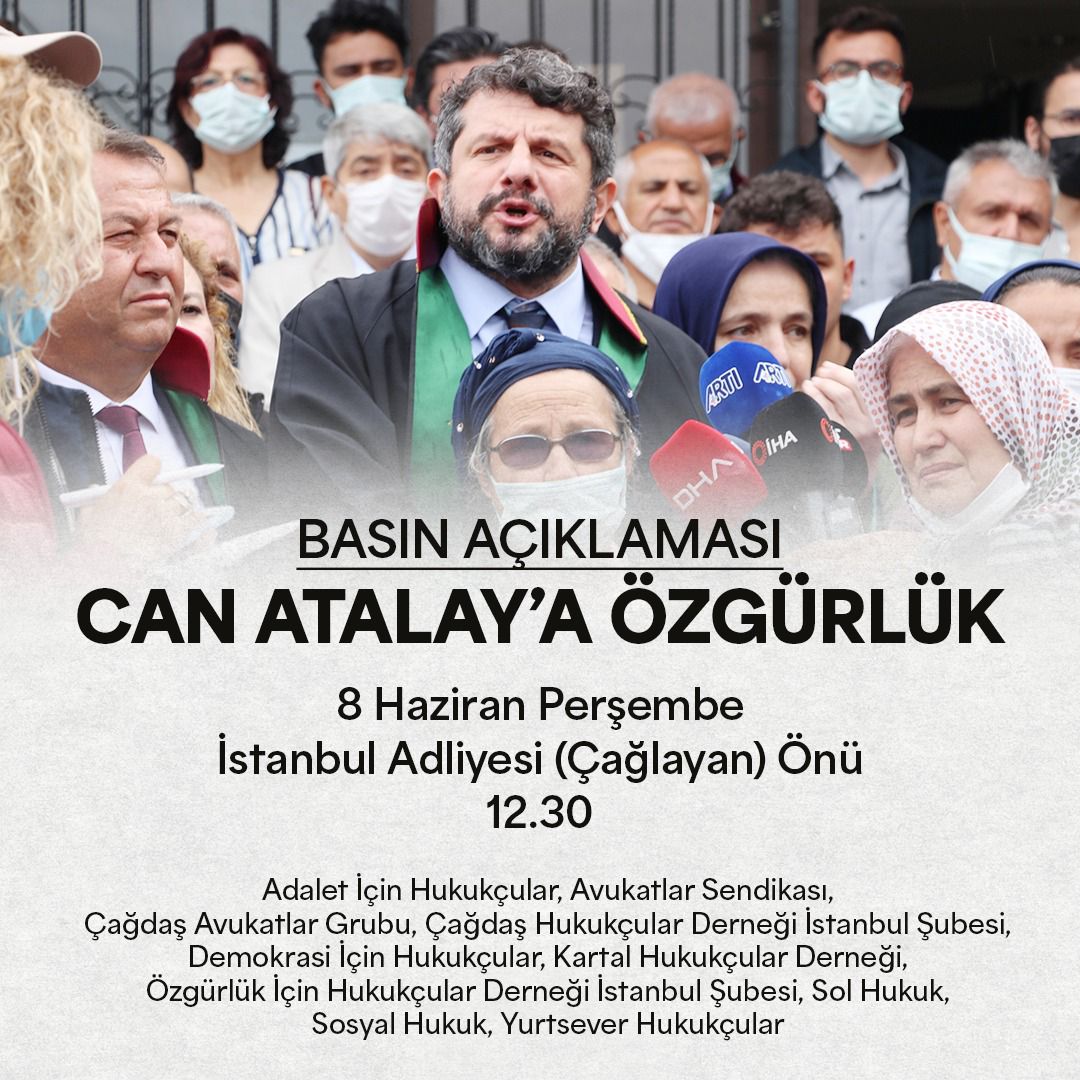 Basın Açıklamasına Çağrı: “Can Atalay’a Özgürlük” 📆: 8 Haziran 2023-Perşembe ⏰: 12.30 📍: İstanbul Adliyesi (Çağlayan) Önü