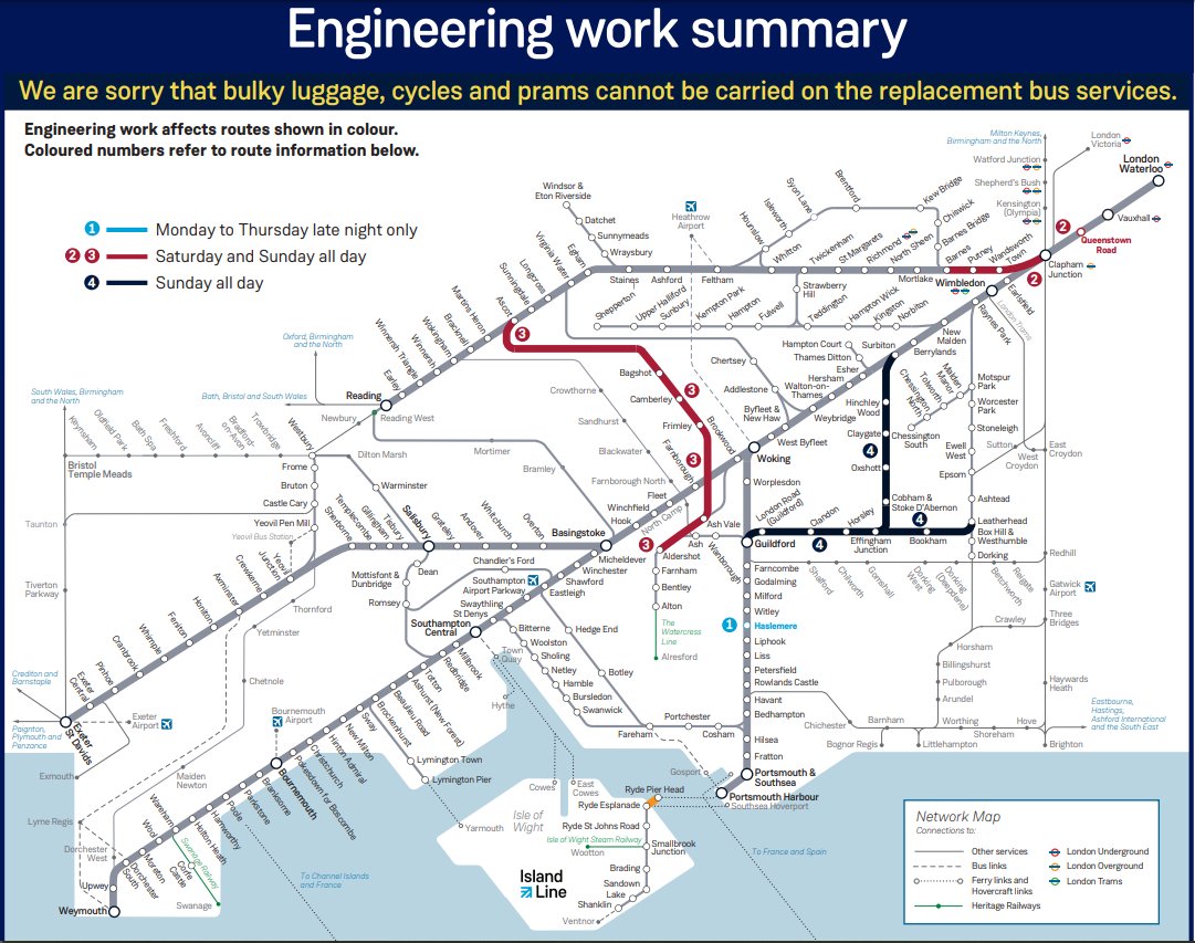 🚧 Planned engineering works are taking place on the South Western Railway network this weekend, Saturday 10 and Sunday 11 June.

More information here: 👇
southwesternrailway.com/plan-my-journe…