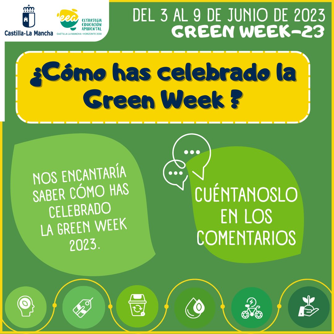 DSostenibleCLM's tweet photo. 🟩Nos vamos acercando al final de la SEMANA VERDE EUROPEA (3 al 11 junio)
📢Este jueves en #CLM a través de la #EuropeanGreenWeek queremos conocer como la estáis viviendo
✍️👇 https://t.co/QSqqOjX7PP