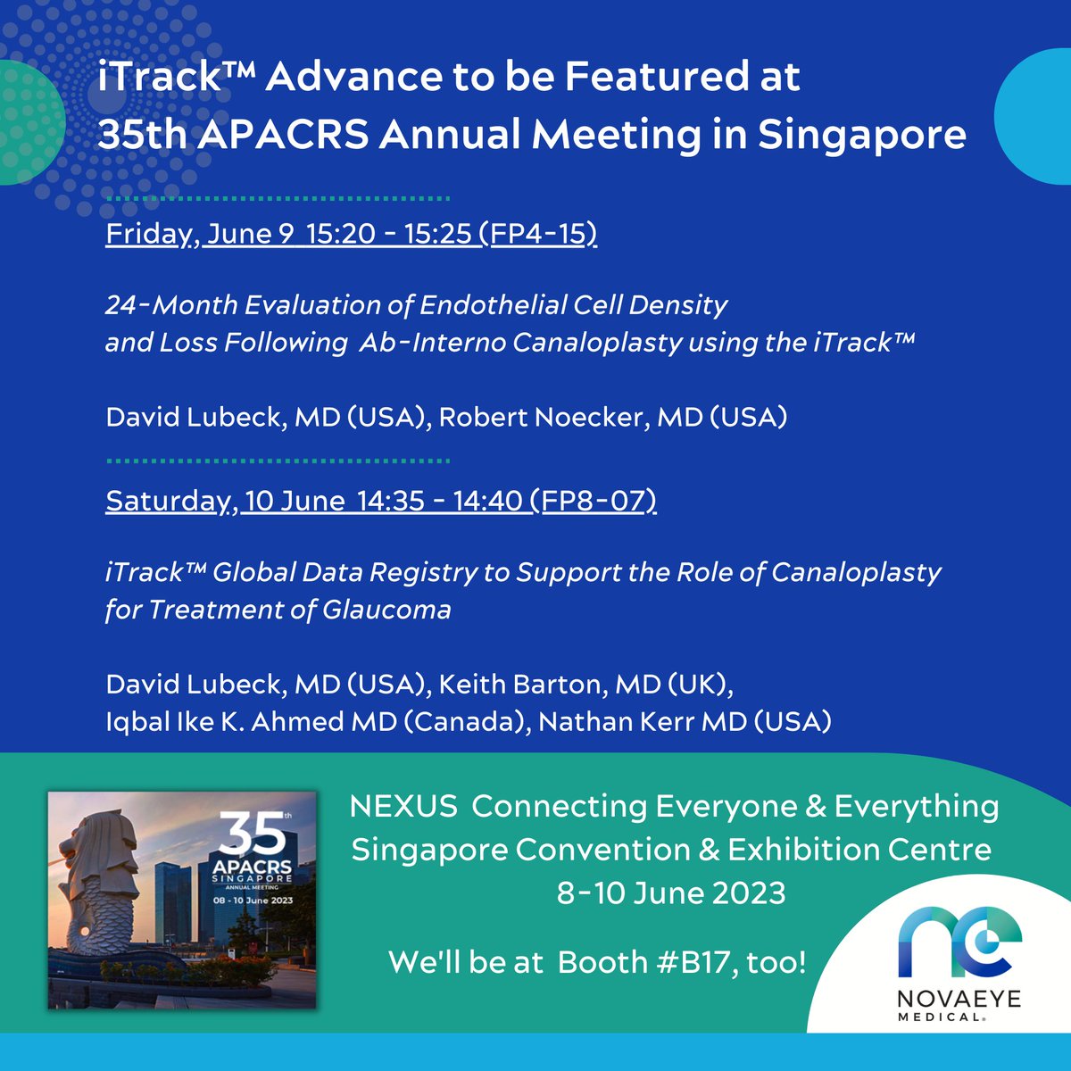 👁‍🗨 iTrack™ Advance to be Featured at 35th APACRS Annual Meeting, Singapore 🖇️ bit.ly/3J1LT9D

This coincides with recent market clearance of our new iTrack™ Advance #canaloplasty device in #Singapore.

We'll also be at Booth B17 to present our leading iTrack™ Advance